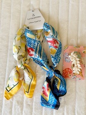 Euro Summer Coastal Scarf Set + Piper K Shell Hair Clip Lemons Lobster Sardine